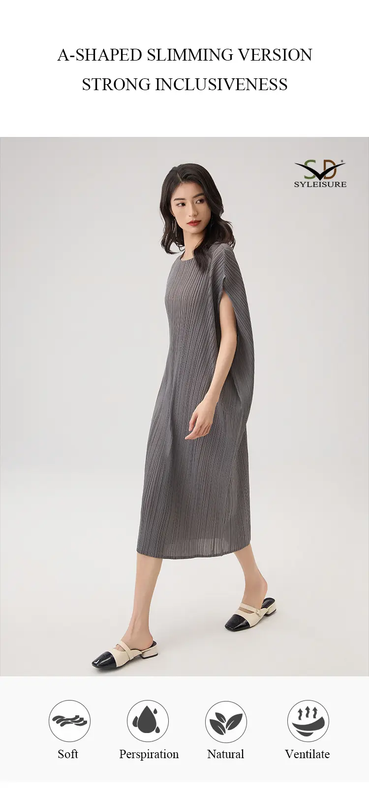 Women's Pleated Loose - Fit Midi Dress (7)