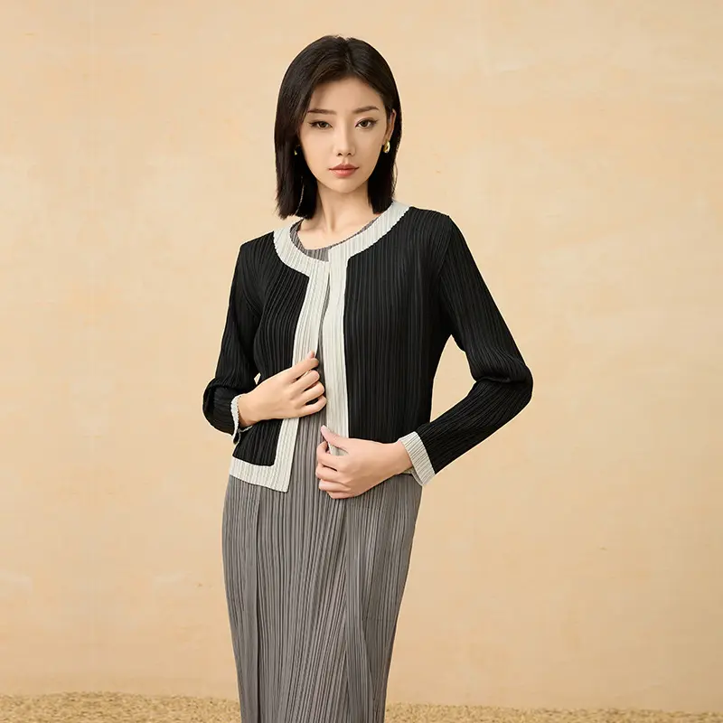Elegant Pleated Contrast Trim Cardigan Jacket (6).jpg