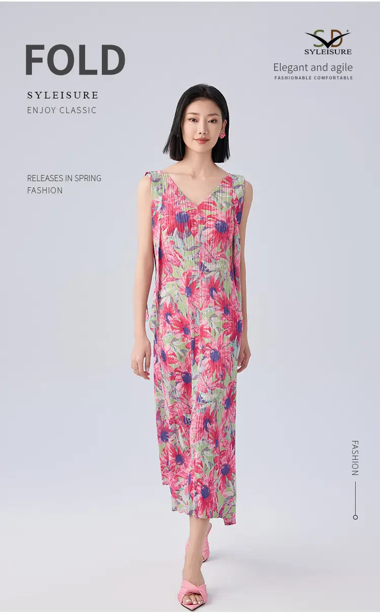 Women's Floral - Printed Pleated Sleeveless Midi Dress (5)