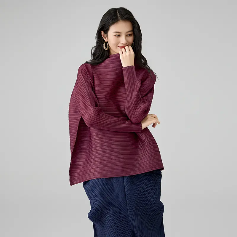 Chic Wine-Red Pleated High-Neck Blouse – Modern Elegance Redefined