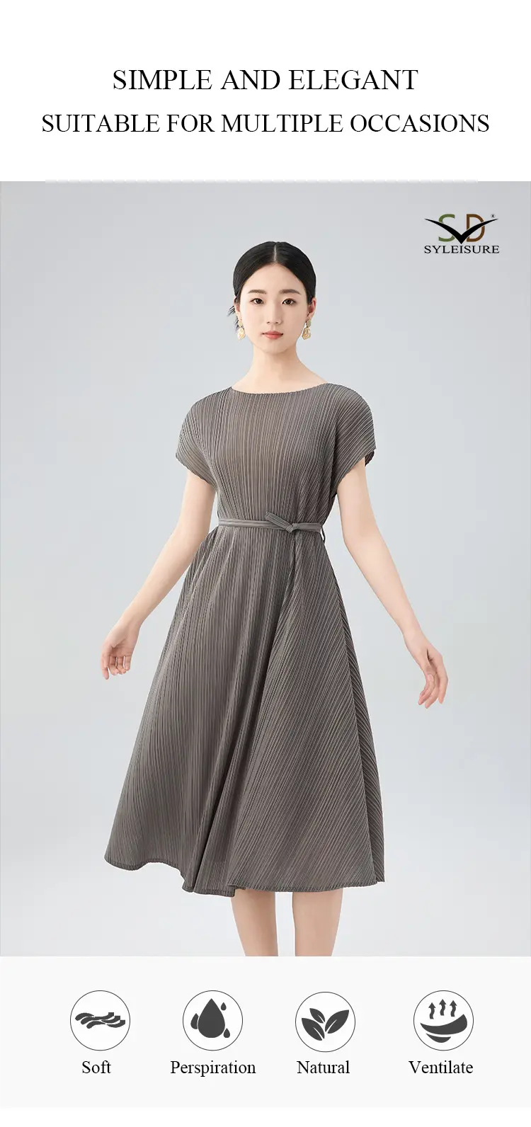 Women's Pleated Short - Sleeve Midi Dress (7)