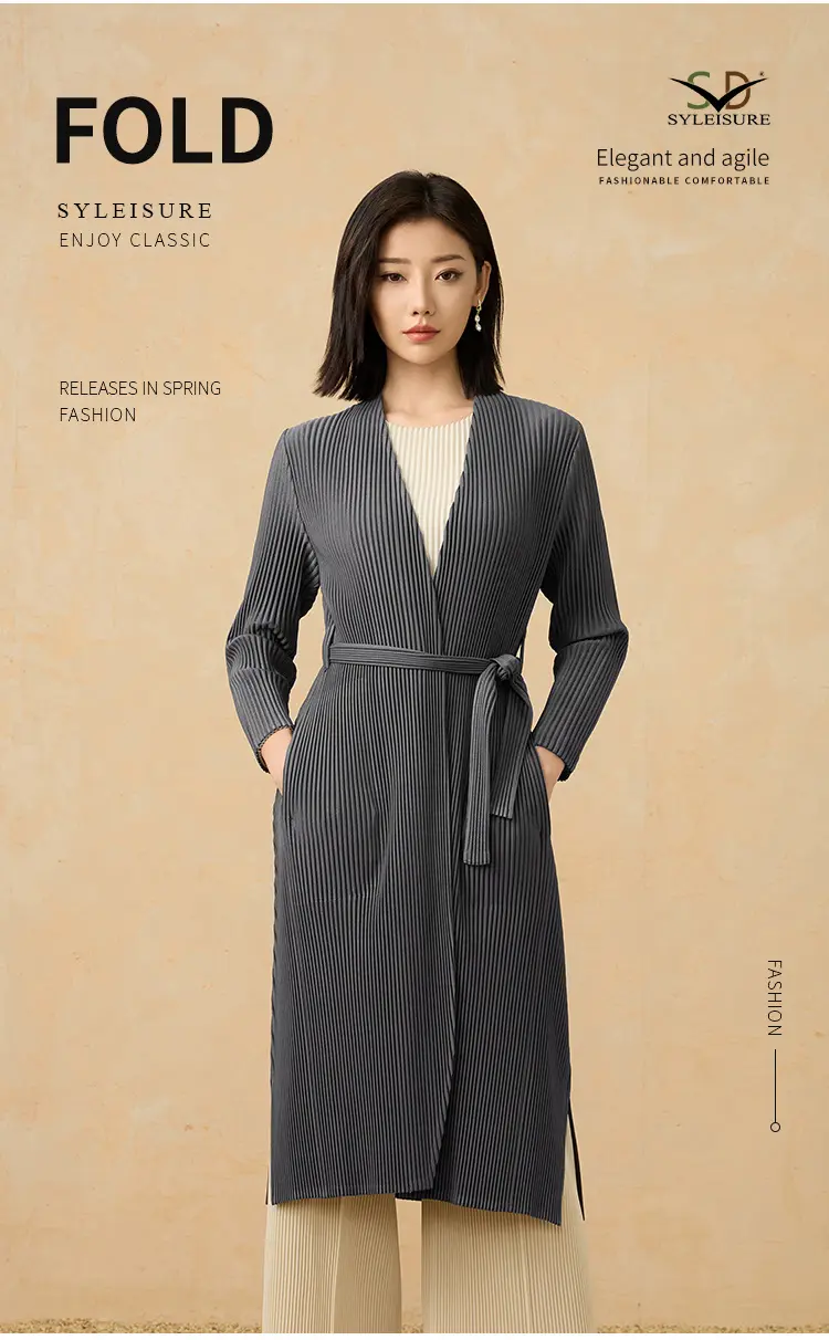 Women's Pleated Long Belted Coat (5)