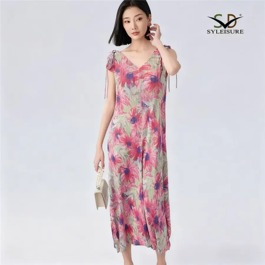 Women's Floral - Printed Pleated Sleeveless Midi Dress (4).jpg